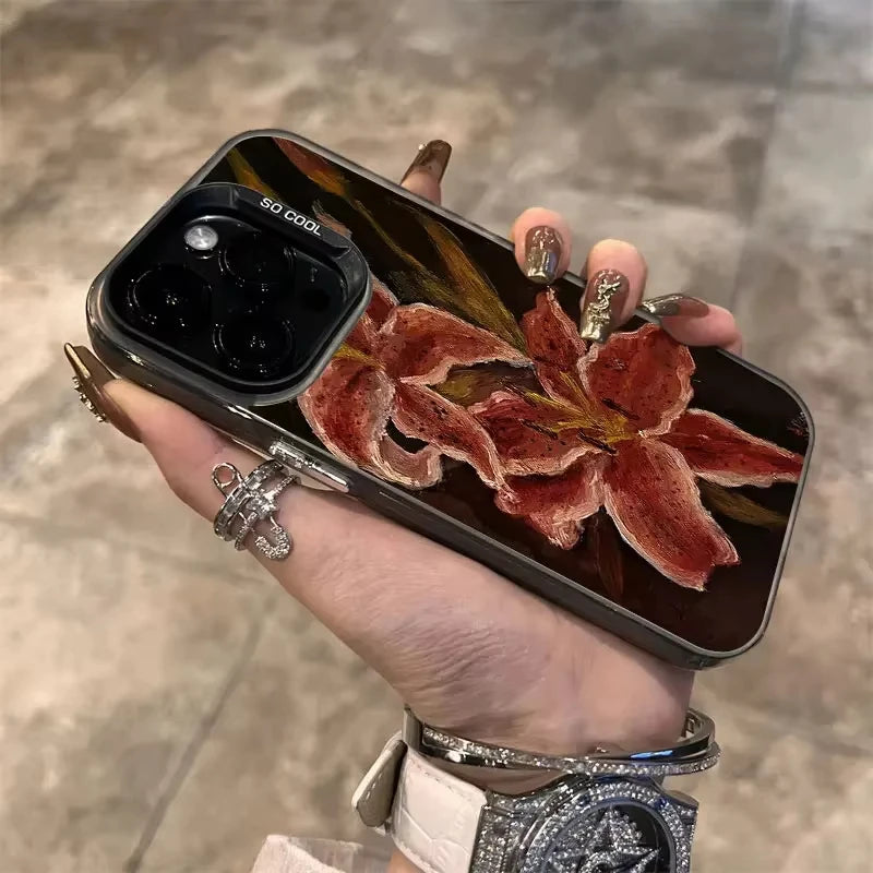 Oil Painting Lily Flower Retro Pattern Phone Case For iPhone 16 15 14 Pro Max 16E 13 12 11 XS X XR 7 8 Plus Shockproof Cover