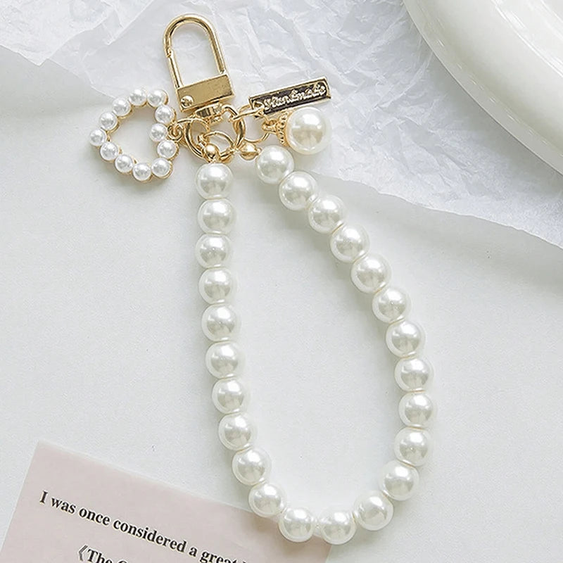 Lovely Cherry Blossoms Fan Keychain Pearl Chain Pendant Women Car Key Ring Headphone Case Charms Bag Decor Accessories