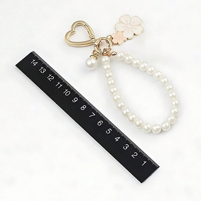 Lovely Cherry Blossoms Fan Keychain Pearl Chain Pendant Women Car Key Ring Headphone Case Charms Bag Decor Accessories