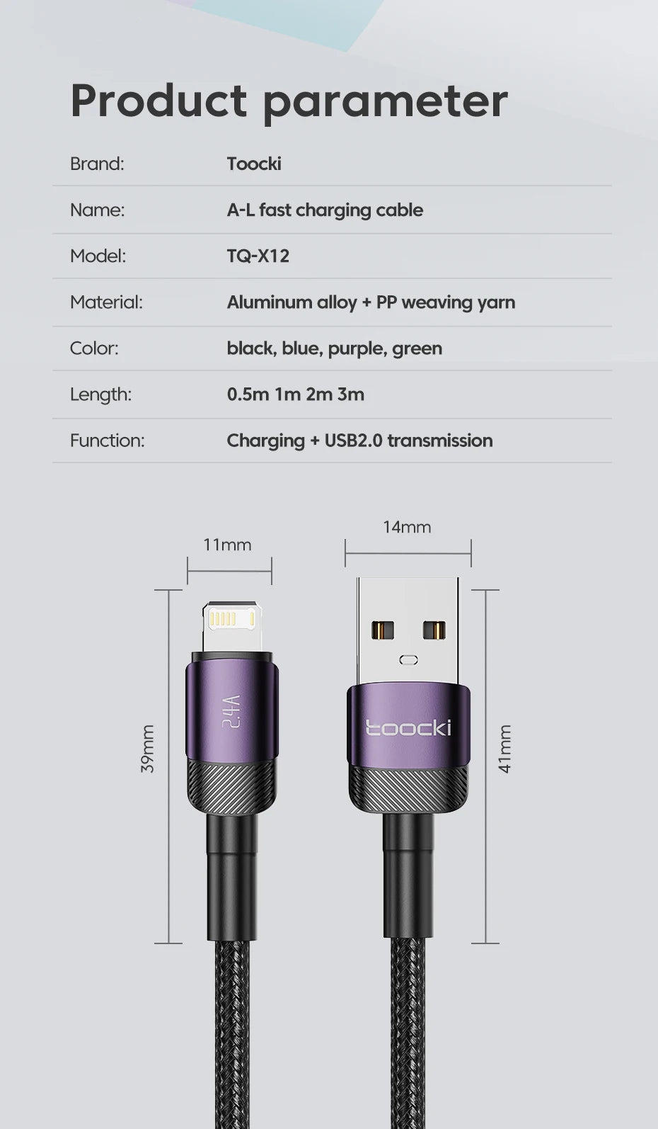 Toocki USB Cable For iPhone 14 13 12 Pro Max X XS XR 8 7 Plus iPad Fast Charging Charger Aluminum iP Cable For iPhone Data Cord