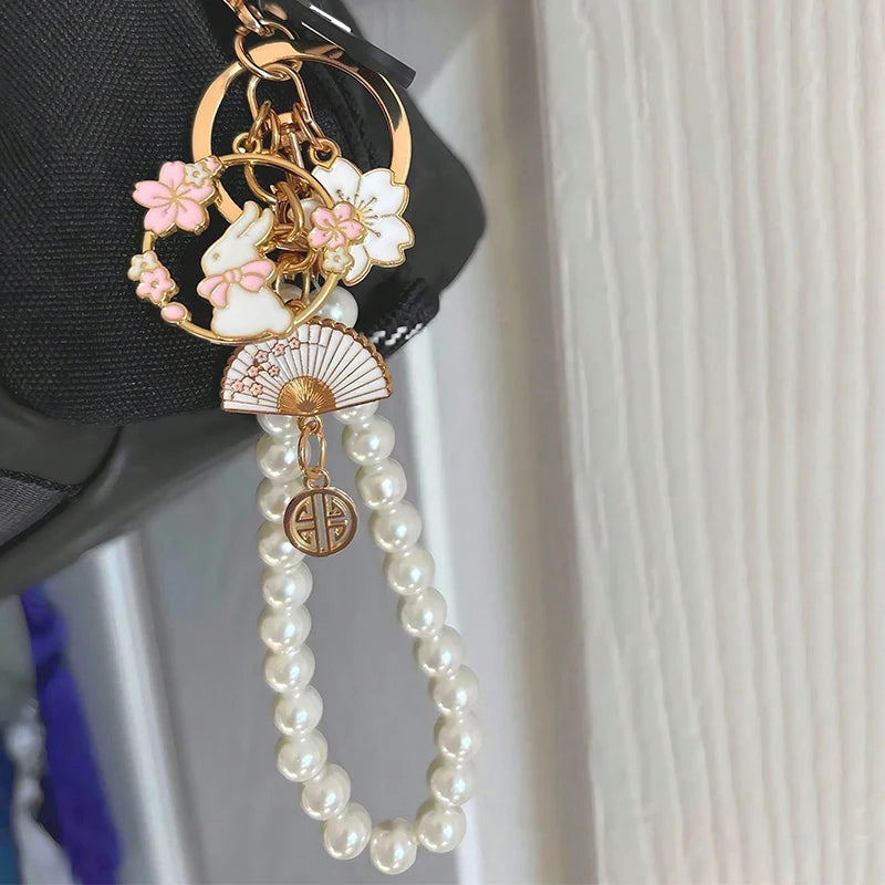 Lovely Cherry Blossoms Fan Keychain Pearl Chain Pendant Women Car Key Ring Headphone Case Charms Bag Decor Accessories