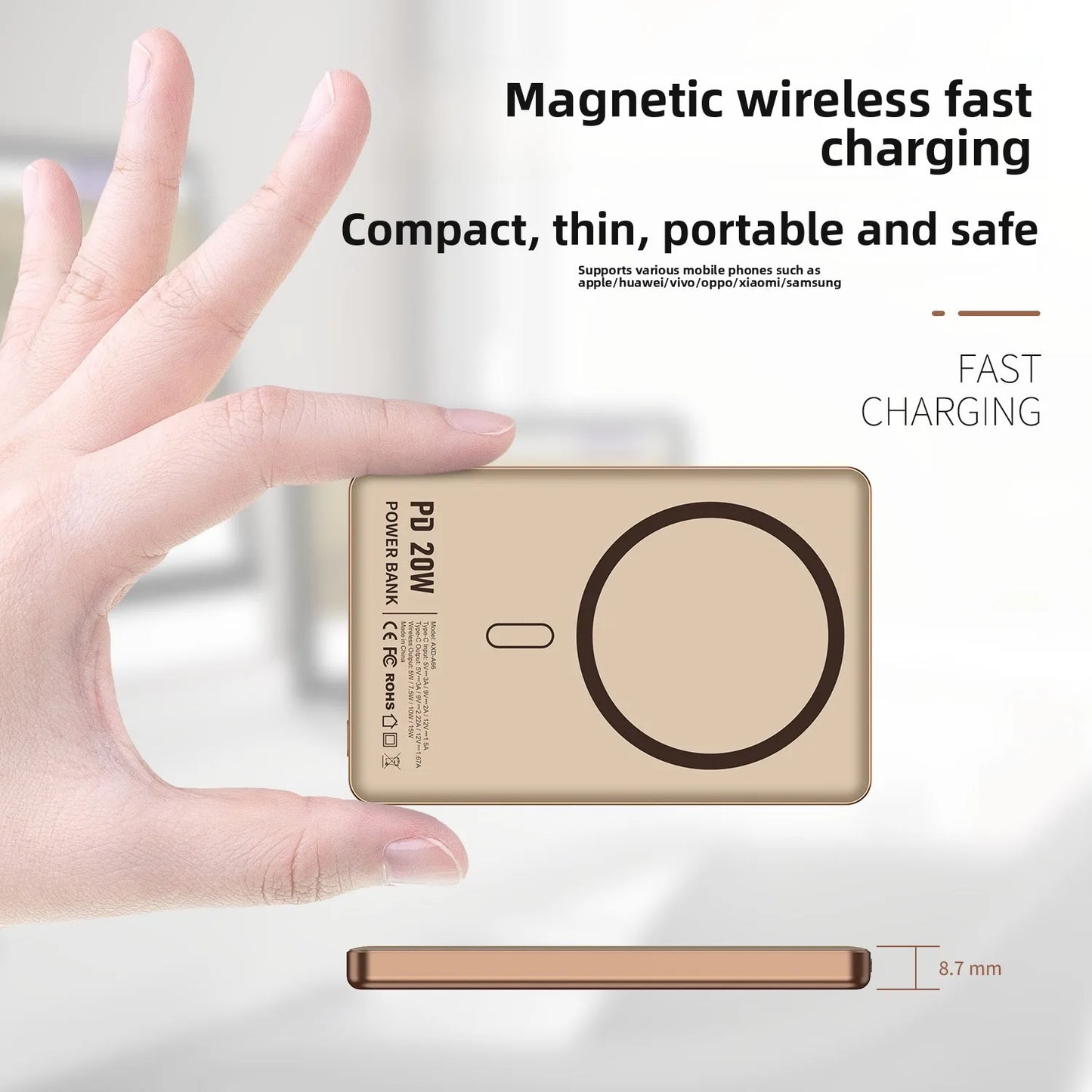 FERISING 5000mAh Ultra-Thin MagSafe Compatible Wireless Power Bank 15W Fast Charging Portable for iPhone
