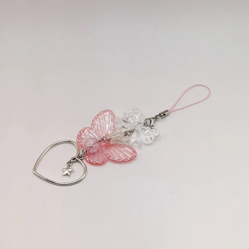 Black Punk Y2K Phone Pendant Chain Cool Girl Sweet Pink Beaded Charm With Cross Butterfly Love Accessories For iPhone Camera Bag