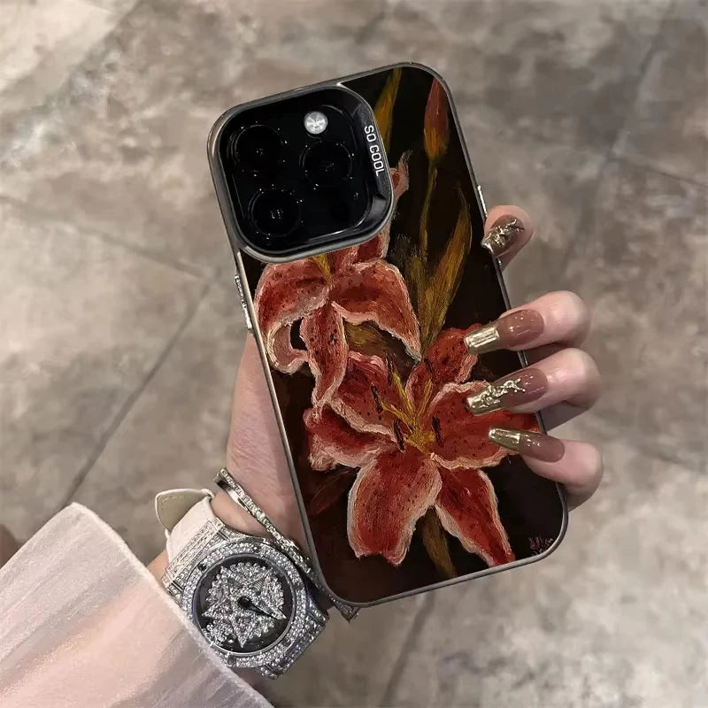 Oil Painting Lily Flower Retro Pattern Phone Case For iPhone 16 15 14 Pro Max 16E 13 12 11 XS X XR 7 8 Plus Shockproof Cover