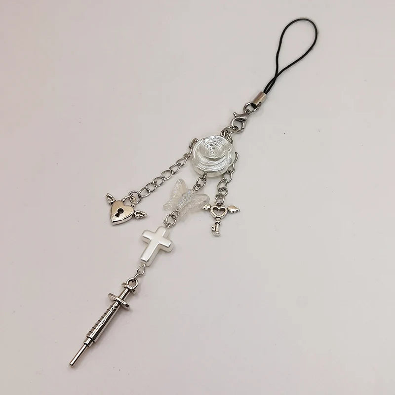 Black Punk Y2K Phone Pendant Chain Cool Girl Sweet Pink Beaded Charm With Cross Butterfly Love Accessories For iPhone Camera Bag
