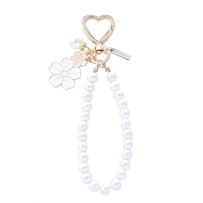 Lovely Cherry Blossoms Fan Keychain Pearl Chain Pendant Women Car Key Ring Headphone Case Charms Bag Decor Accessories
