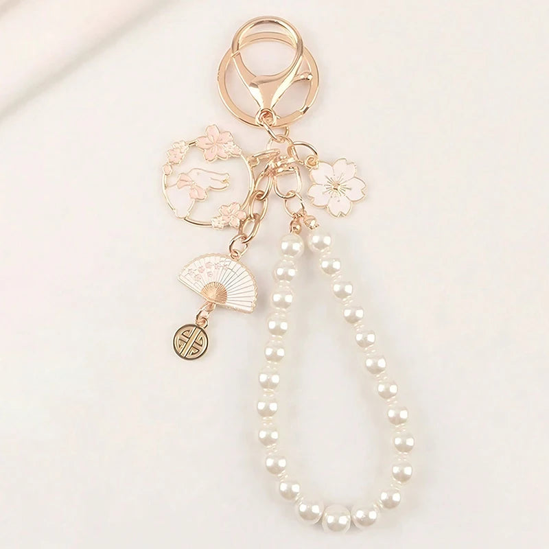Lovely Cherry Blossoms Fan Keychain Pearl Chain Pendant Women Car Key Ring Headphone Case Charms Bag Decor Accessories