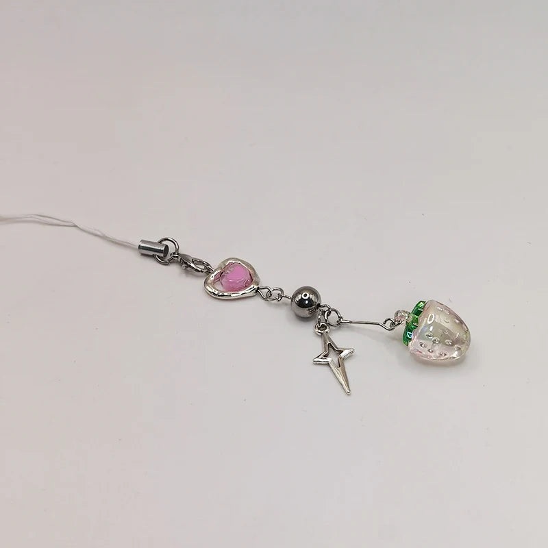Black Punk Y2K Phone Pendant Chain Cool Girl Sweet Pink Beaded Charm With Cross Butterfly Love Accessories For iPhone Camera Bag