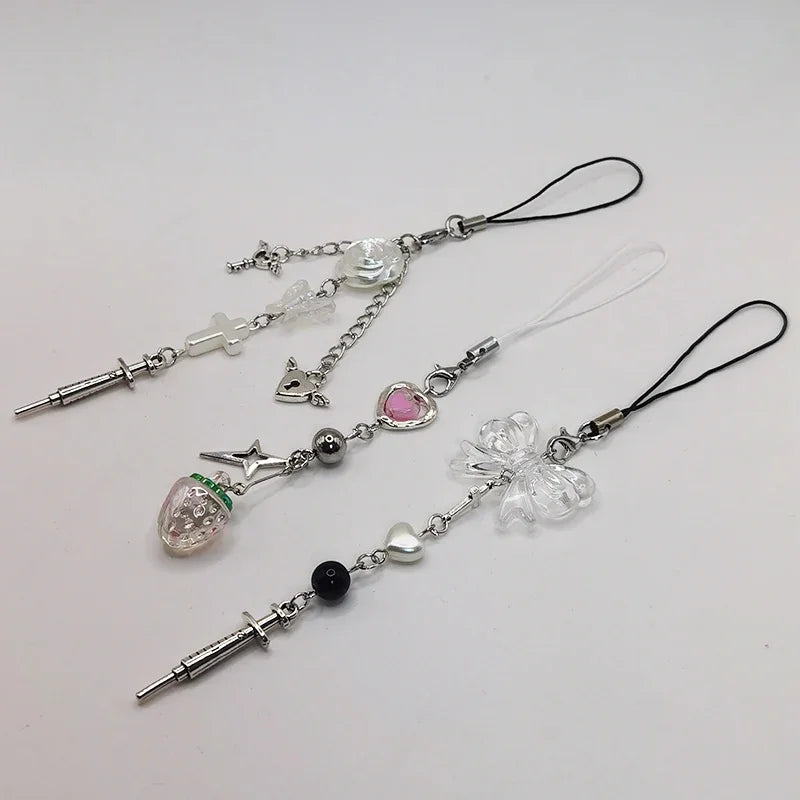 Black Punk Y2K Phone Pendant Chain Cool Girl Sweet Pink Beaded Charm With Cross Butterfly Love Accessories For iPhone Camera Bag