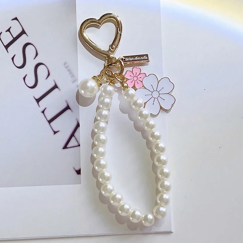 Lovely Cherry Blossoms Fan Keychain Pearl Chain Pendant Women Car Key Ring Headphone Case Charms Bag Decor Accessories