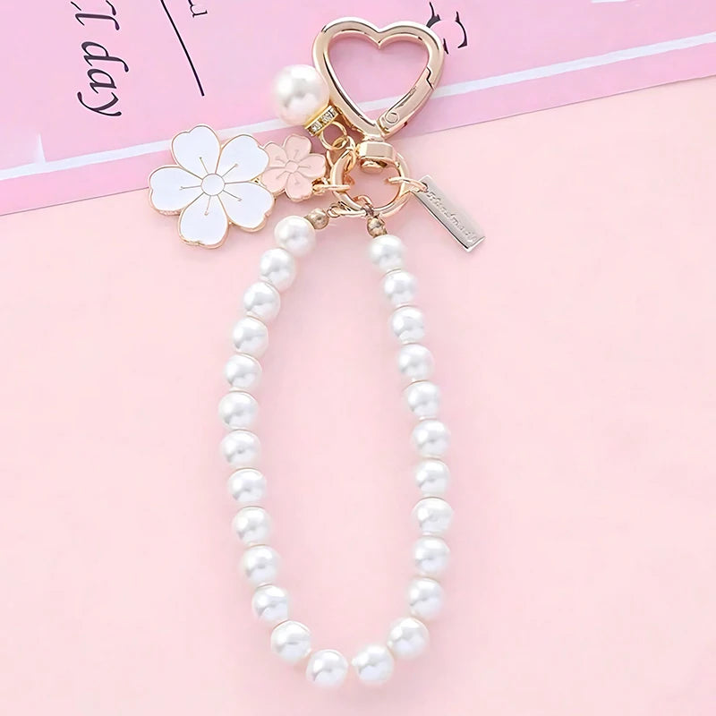 Lovely Cherry Blossoms Fan Keychain Pearl Chain Pendant Women Car Key Ring Headphone Case Charms Bag Decor Accessories
