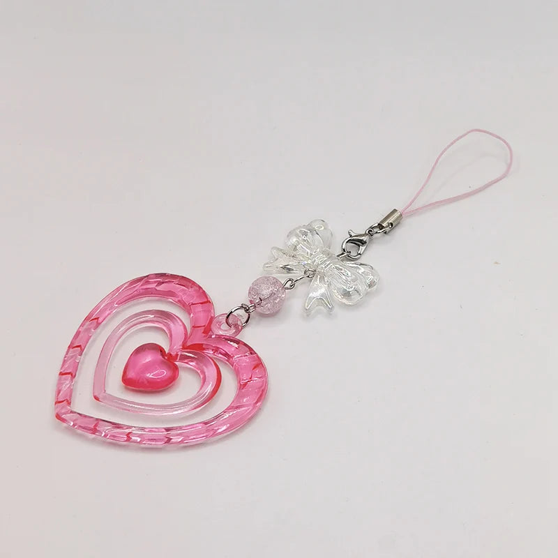 Black Punk Y2K Phone Pendant Chain Cool Girl Sweet Pink Beaded Charm With Cross Butterfly Love Accessories For iPhone Camera Bag