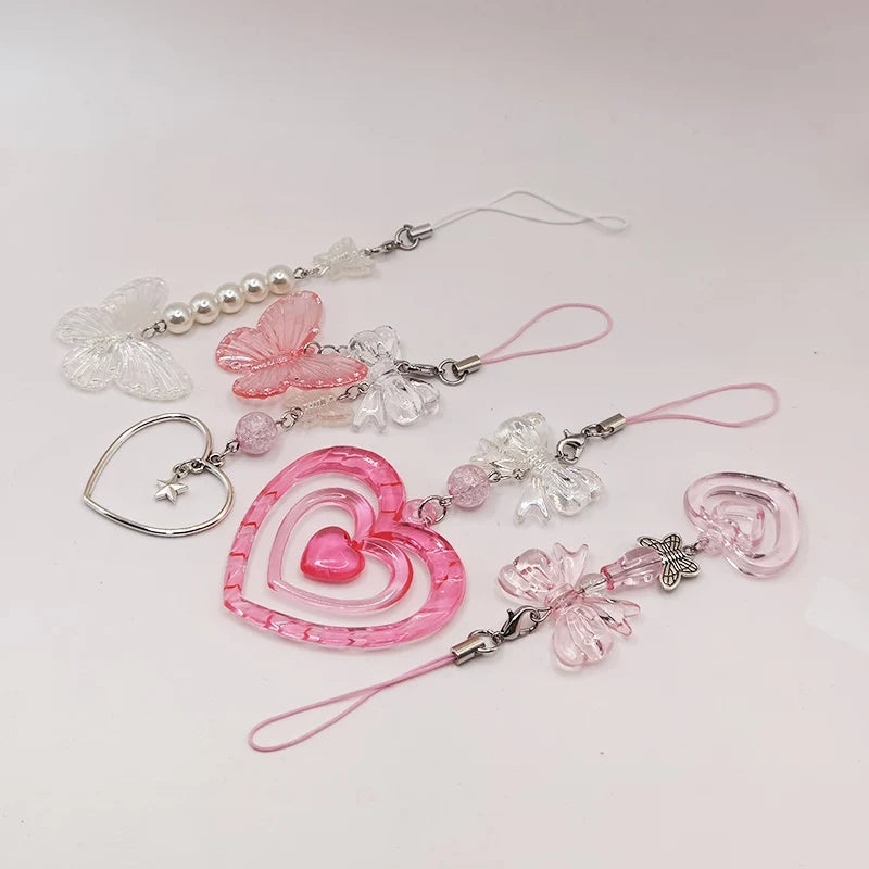 Black Punk Y2K Phone Pendant Chain Cool Girl Sweet Pink Beaded Charm With Cross Butterfly Love Accessories For iPhone Camera Bag