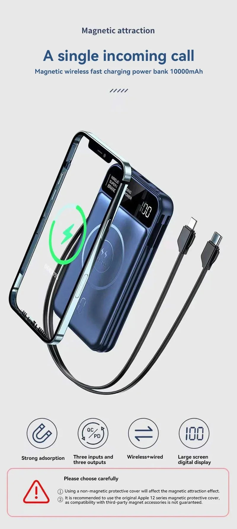 Lenovo Power Bank 50000mah Wireless Charging For Magsafe Magnetic Charging Built-in Wire Mobile Phone Battery For IPhone