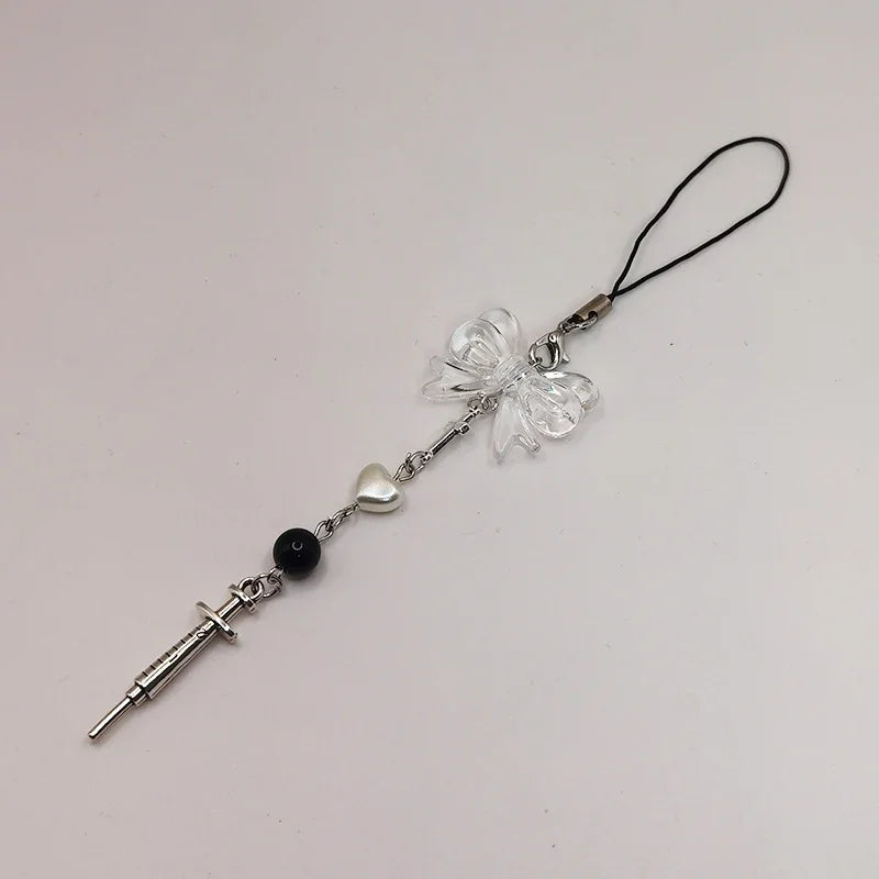 Black Punk Y2K Phone Pendant Chain Cool Girl Sweet Pink Beaded Charm With Cross Butterfly Love Accessories For iPhone Camera Bag