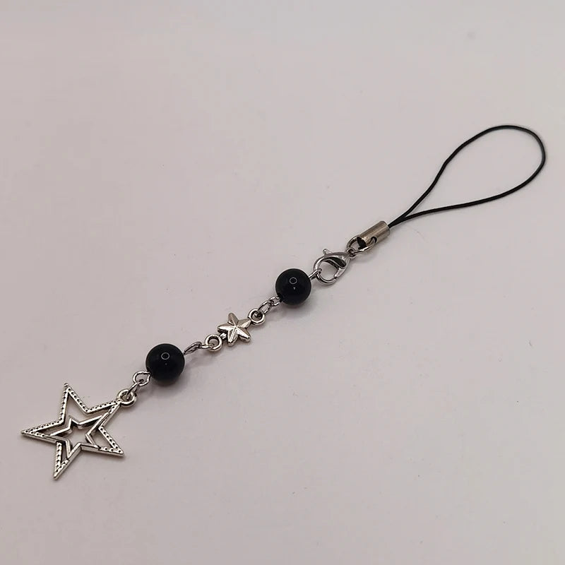 Black Punk Y2K Phone Pendant Chain Cool Girl Sweet Pink Beaded Charm With Cross Butterfly Love Accessories For iPhone Camera Bag