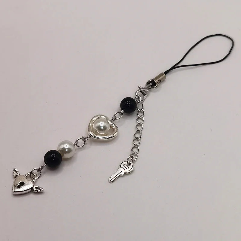 Black Punk Y2K Phone Pendant Chain Cool Girl Sweet Pink Beaded Charm With Cross Butterfly Love Accessories For iPhone Camera Bag