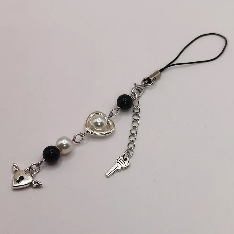 Black Punk Y2K Phone Pendant Chain Cool Girl Sweet Pink Beaded Charm With Cross Butterfly Love Accessories For iPhone Camera Bag
