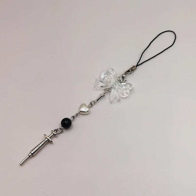 Black Punk Y2K Phone Pendant Chain Cool Girl Sweet Pink Beaded Charm With Cross Butterfly Love Accessories For iPhone Camera Bag
