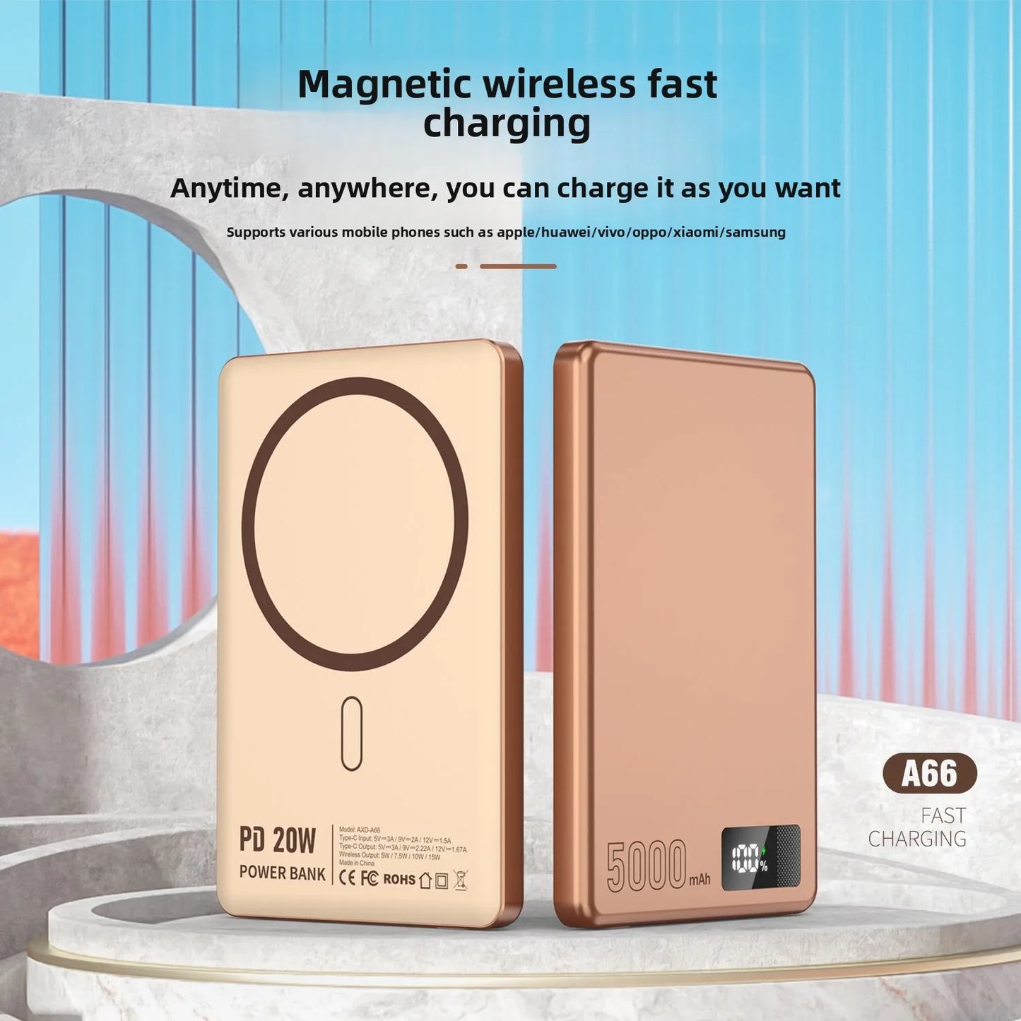 FERISING 5000mAh Ultra-Thin MagSafe Compatible Wireless Power Bank 15W Fast Charging Portable for iPhone
