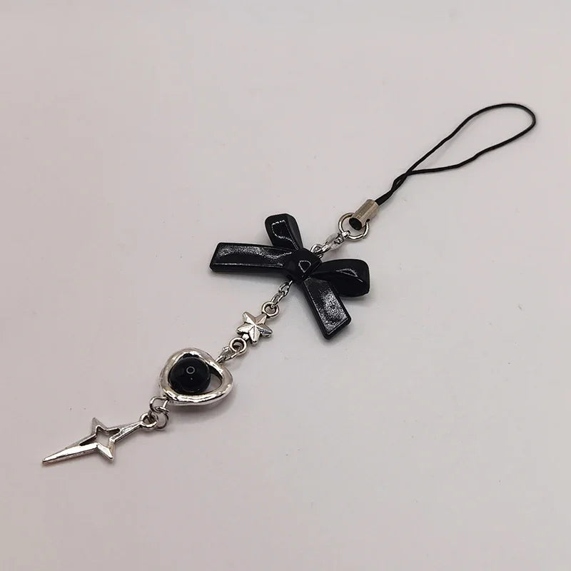 Black Punk Y2K Phone Pendant Chain Cool Girl Sweet Pink Beaded Charm With Cross Butterfly Love Accessories For iPhone Camera Bag