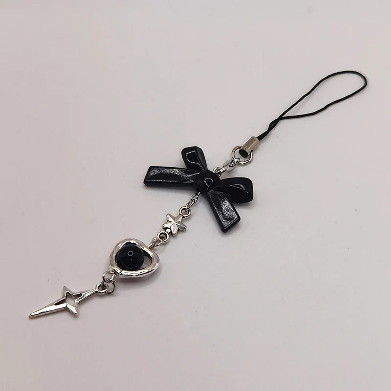 Black Punk Y2K Phone Pendant Chain Cool Girl Sweet Pink Beaded Charm With Cross Butterfly Love Accessories For iPhone Camera Bag