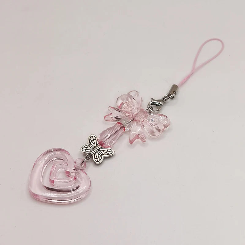 Black Punk Y2K Phone Pendant Chain Cool Girl Sweet Pink Beaded Charm With Cross Butterfly Love Accessories For iPhone Camera Bag