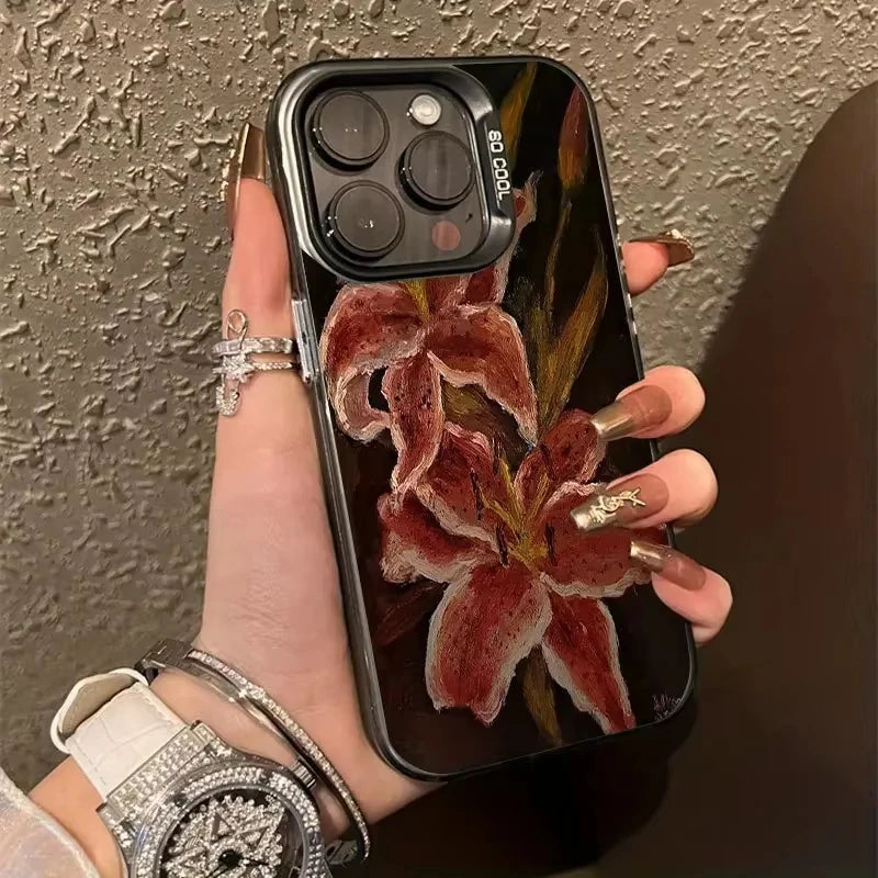 Oil Painting Lily Flower Retro Pattern Phone Case For iPhone 16 15 14 Pro Max 16E 13 12 11 XS X XR 7 8 Plus Shockproof Cover