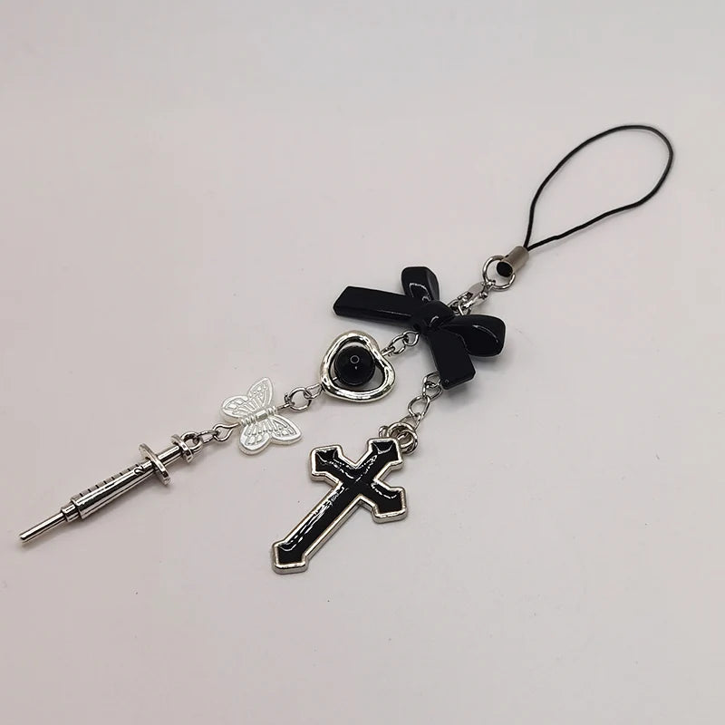 Black Punk Y2K Phone Pendant Chain Cool Girl Sweet Pink Beaded Charm With Cross Butterfly Love Accessories For iPhone Camera Bag