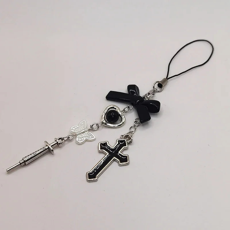 Black Punk Y2K Phone Pendant Chain Cool Girl Sweet Pink Beaded Charm With Cross Butterfly Love Accessories For iPhone Camera Bag