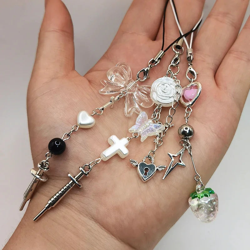 Black Punk Y2K Phone Pendant Chain Cool Girl Sweet Pink Beaded Charm With Cross Butterfly Love Accessories For iPhone Camera Bag