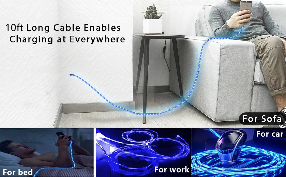 1m 2m Glowing LED Light Charger Data Cable Phone 2.4A USB Charging Cable For iPhone 14 13 12 11 Pro Max XS XR Charge Wire Cord