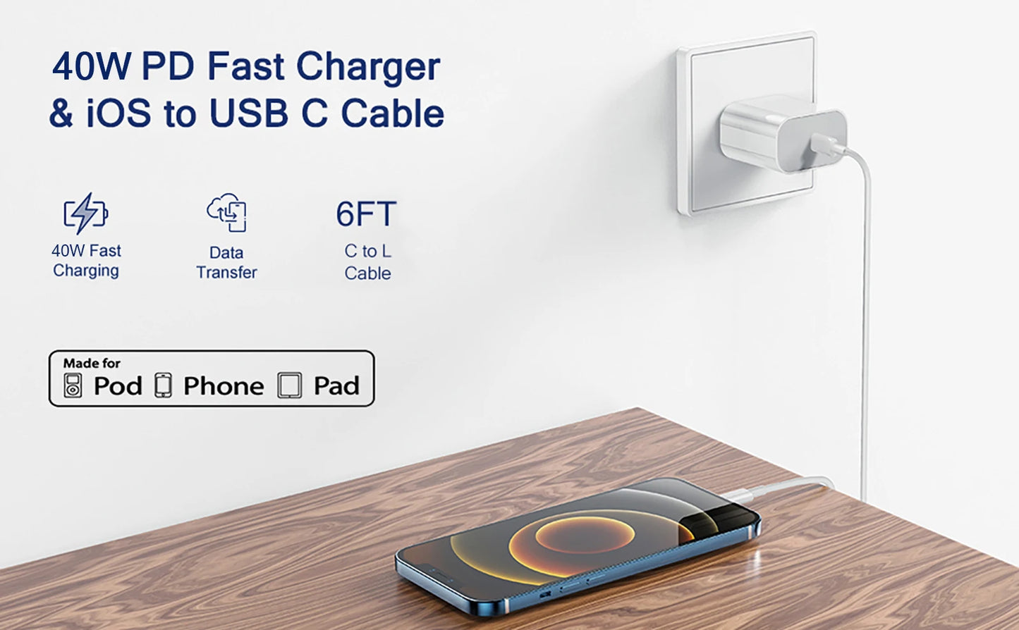 40W Fast Charger For iPhone 14 13 12 11 Pro Max X XS iPad USB Type C Fast Charging Data Cable Phone Charger Set Accessories