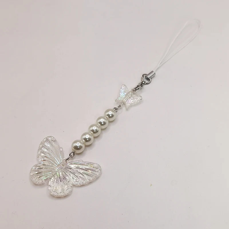 Black Punk Y2K Phone Pendant Chain Cool Girl Sweet Pink Beaded Charm With Cross Butterfly Love Accessories For iPhone Camera Bag