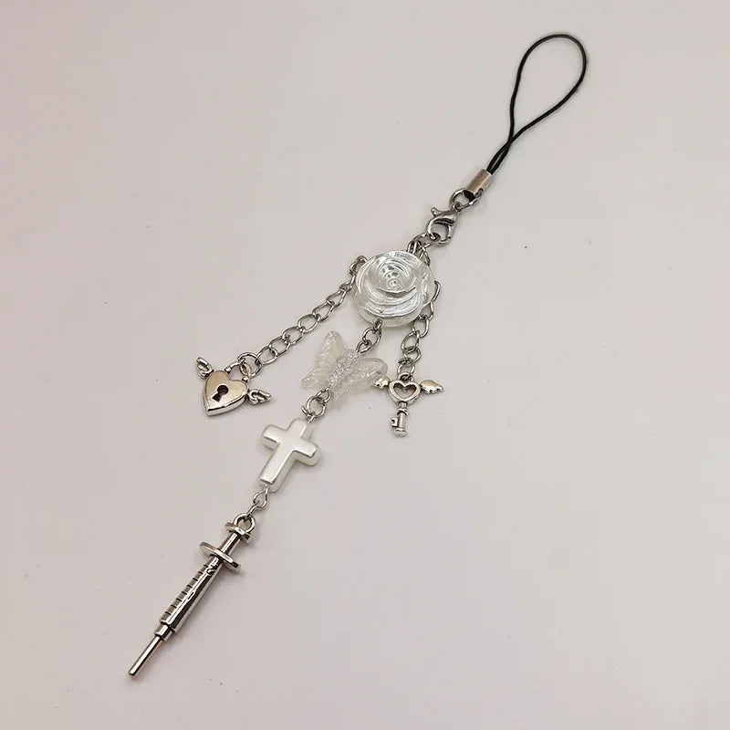 Black Punk Y2K Phone Pendant Chain Cool Girl Sweet Pink Beaded Charm With Cross Butterfly Love Accessories For iPhone Camera Bag
