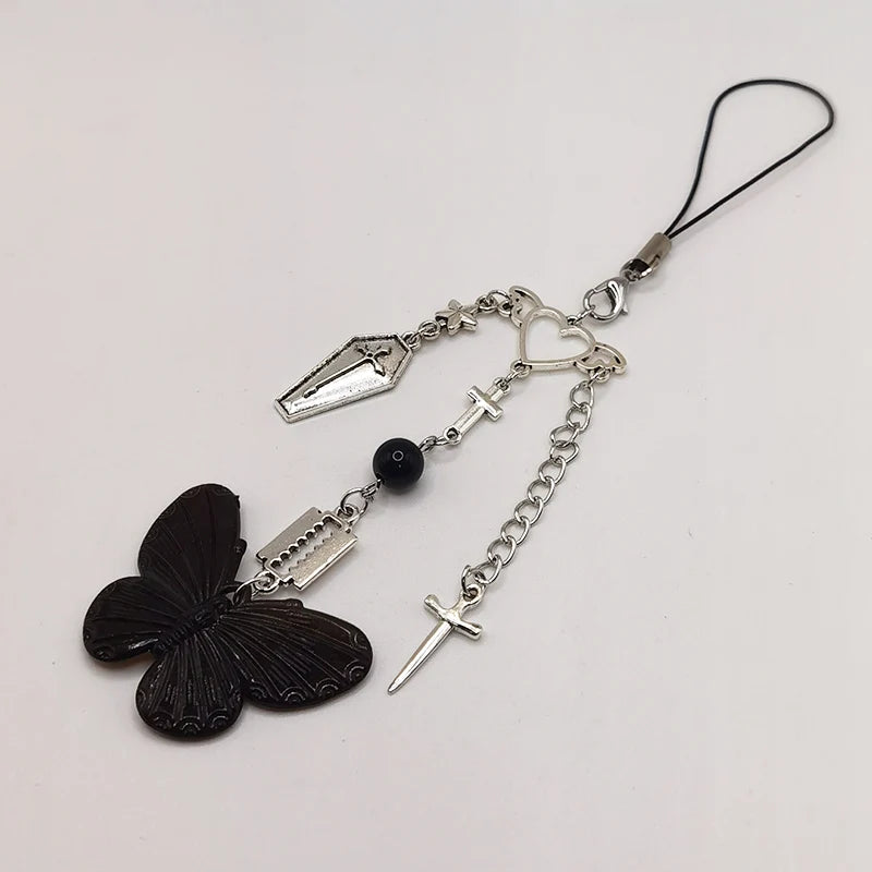 Black Punk Y2K Phone Pendant Chain Cool Girl Sweet Pink Beaded Charm With Cross Butterfly Love Accessories For iPhone Camera Bag