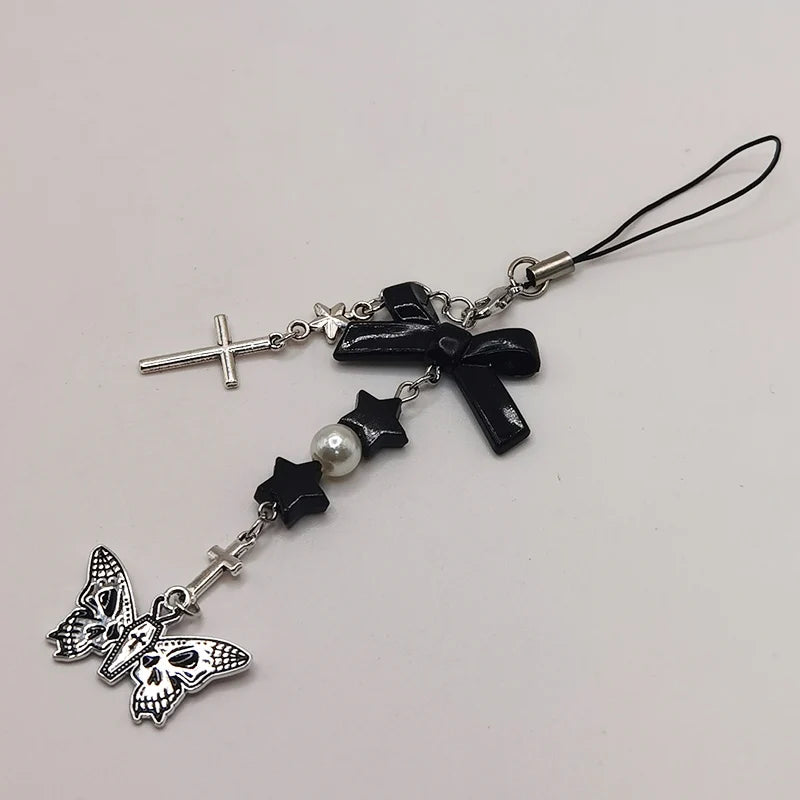 Black Punk Y2K Phone Pendant Chain Cool Girl Sweet Pink Beaded Charm With Cross Butterfly Love Accessories For iPhone Camera Bag