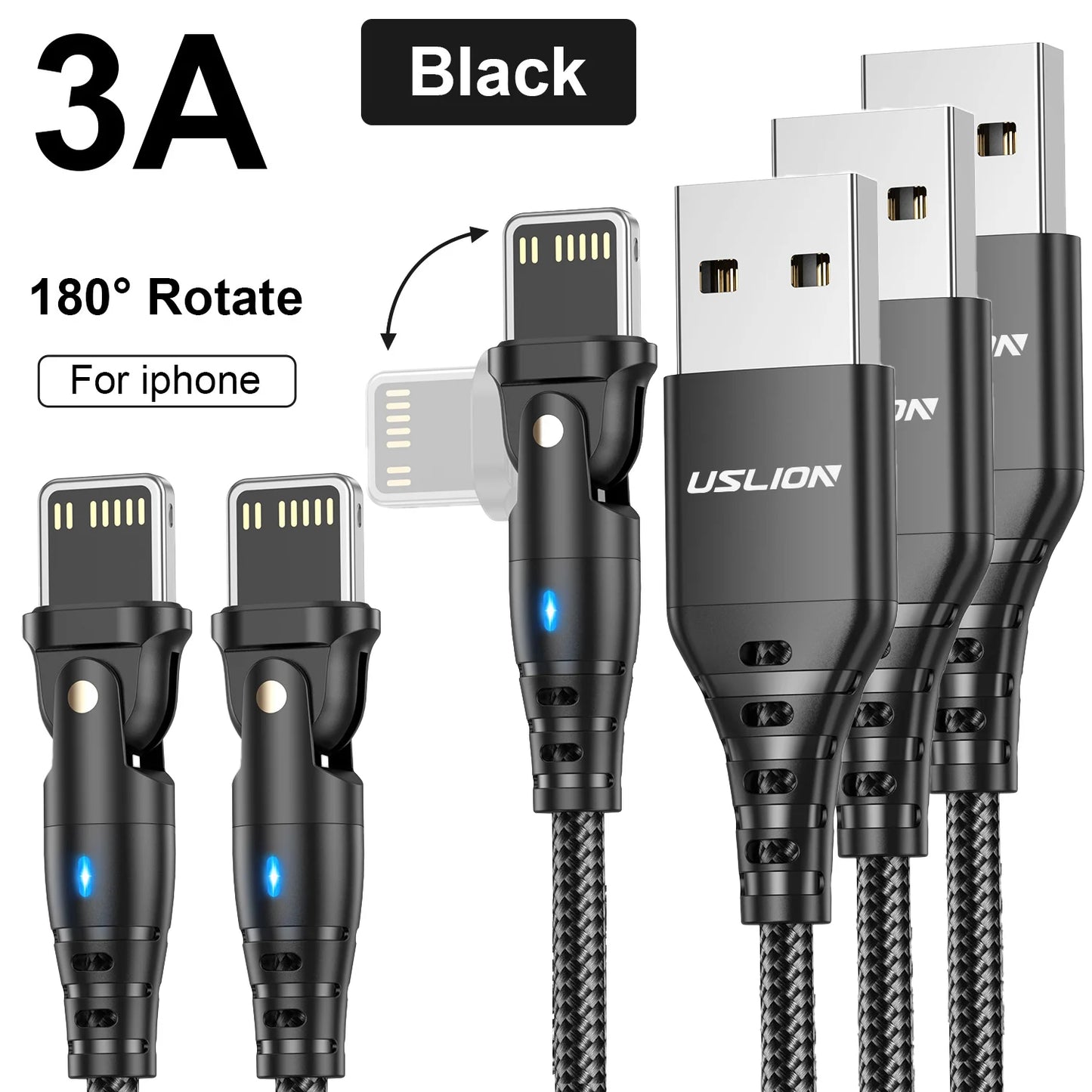 USLION 3A USB Cable For iPhone Cable 14 13 12 11 Pro Max Xs Xr X 8 plus iPad Air Mini Fast Charging Data Cord For iPhone Charger